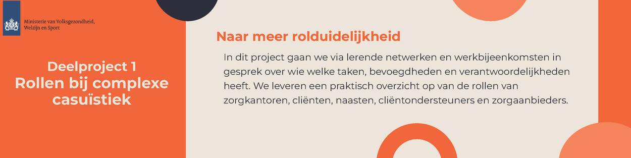 Afbeelding met logo van het Ministerie van Volksgezondheid, Welzijn en Sport. Tekst in afbeelding: Deelproject 1 rollen bij complexe casuïstiek Naar meer rolduidelijkheid In dit project gaan we via lerende netwerken en netwerkbijeenkomsten in gesprek over wie welke taken, bevoegdheden en verantwoordelijkheden heeft. We leveren een praktisch overzicht op van de rollen van zorgkantoren, cliënten, naasten, cliëntondersteuners en zorgaanbieders.